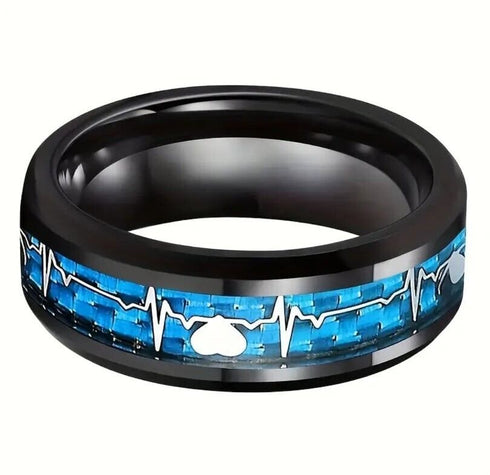 Men's 8mm Tungsten Beveled Edges Gradient Blue EKG Lifeline Heart Wedding Band